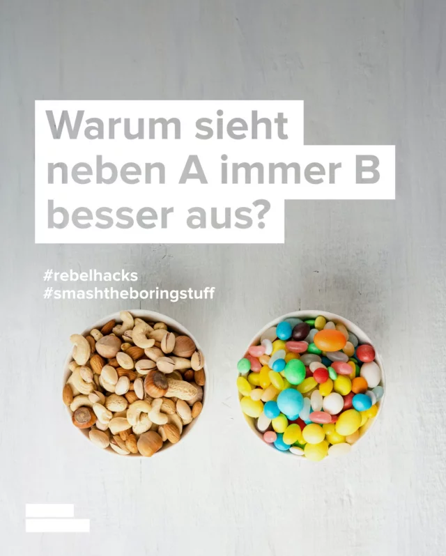 #22 Warum sieht neben A immer B besser aus? 
Wie Vergleiche unsere Wahrnehmung verändern

💡 Kontraste, die verkaufen
Der Kontrast-Effekt ist ein psychologisches Phänomen, bei dem die Bewertung eines Objekts beeinflusst wird, wenn es im Vergleich zu einem anderen Objekt dargestellt wird.

💡 Wie der Kontrast-Effekt bei der Preisgestaltung genutzt wird 
Zum Beispiel werden teurere Produkte neben günstigeren Produkten platziert, um das günstigere Produkt attraktiver erscheinen zu lassen.

💡 Werbekampagnen und Botschaften
Werbekampagnen nutzen den Kontrast-Effekt um die Wirksamkeit ihrer Botschaften zu steigern mit „vorher“ und „nachher“ Bilder oder platzieren ein Produkt neben einem weniger wünschenswerten Alternativprodukt.

💡 Produkte hervorheben mit optischem Kontrast
Nutze Farbkontraste, um bestimmte Produkte hervorzuheben. Zum Beispiel wird ein Produkt mit einer auffälligen Farbe neben neutraleren Produkten platziert, um die Aufmerksamkeit darauf zu lenken.

Fazit: Kontraste verstehen, besser entscheiden
Erinnere dich daran, wenn du das nächste Mal eine Kaufentscheidung triffst oder deine eigenen Produkte und Dienstleistungen präsentierst. Durch das Bewusstsein und die gezielte Anwendung des Kontrasteffekts kannst du die Wahrnehmung zu deinem Vorteil steuern.

🚀🚀🚀 Du willst mehr Tipps zu den Themen Neuromarketing, Branding, Marke und Design? Dann folge Rebell Creative.

#rebelhacks #rebellcreative #smashtheboringstuff #marketingstrategie #psychologieimmarketing #neuromarketing #branding #langfristigererfolg #kundentreue #markenbindung #brandstrategy #neuromarketinghacks #marketingtips #brandinginsights #strategischesmarketing #brandinginspiration #storytelling #visualidentity #corporateidentity #graphicdesigners #designspiration #brandidentity #xmas